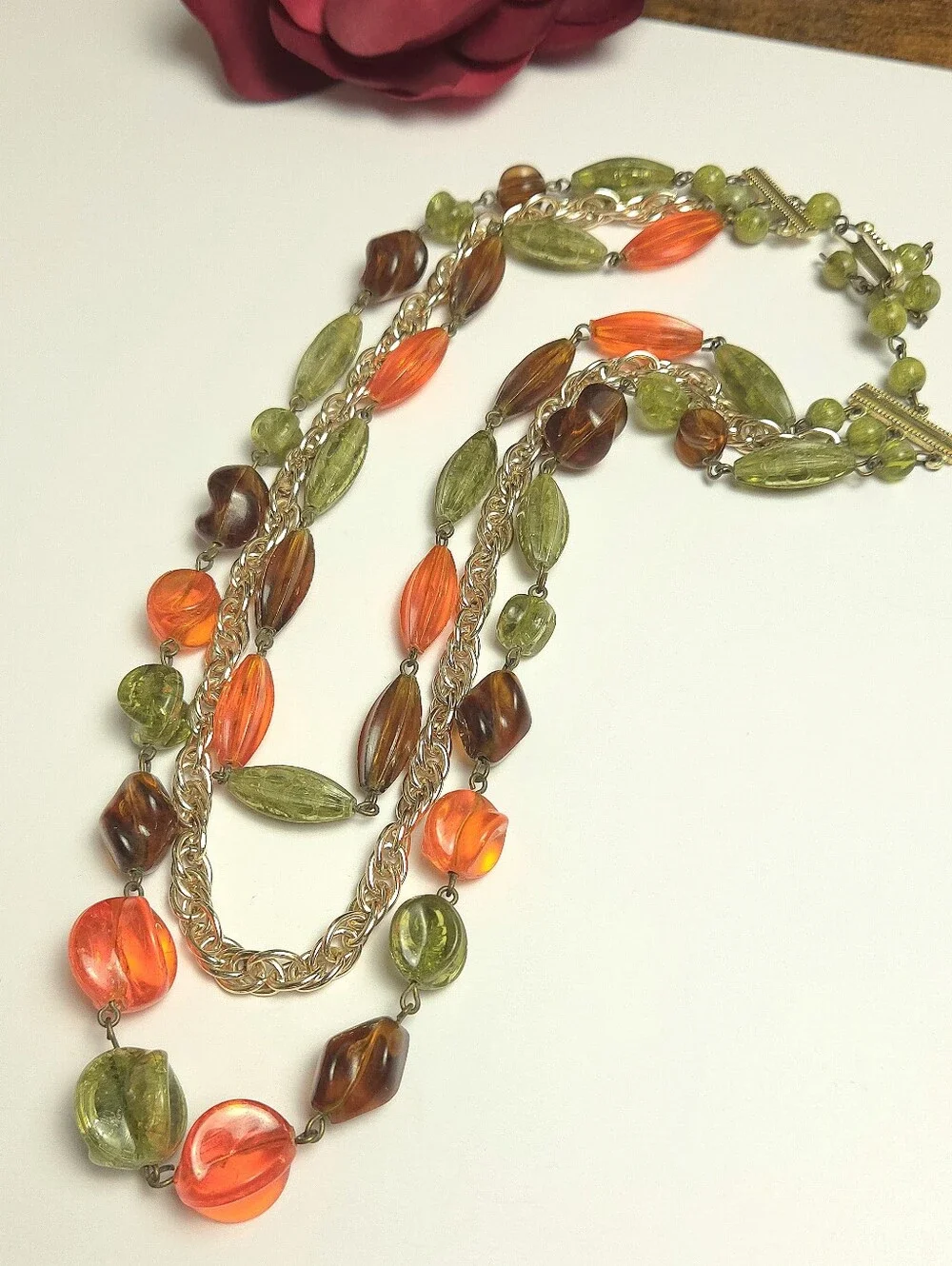 Vintage Orange Green & Brown Acrylic Beaded Multi Strand Necklace 1950s Germany